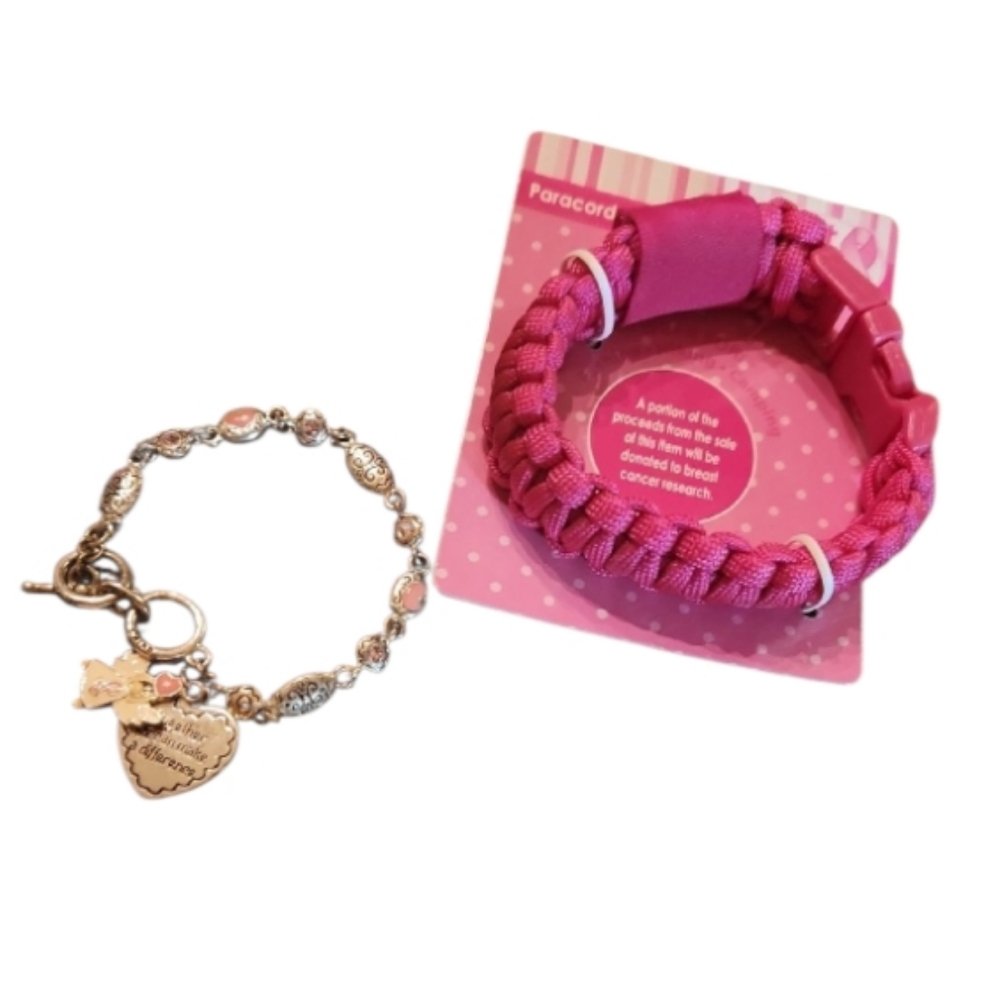 Breast Cancer Awarenwss Pink Paracord Bracelet and Charm Bracelet Set
